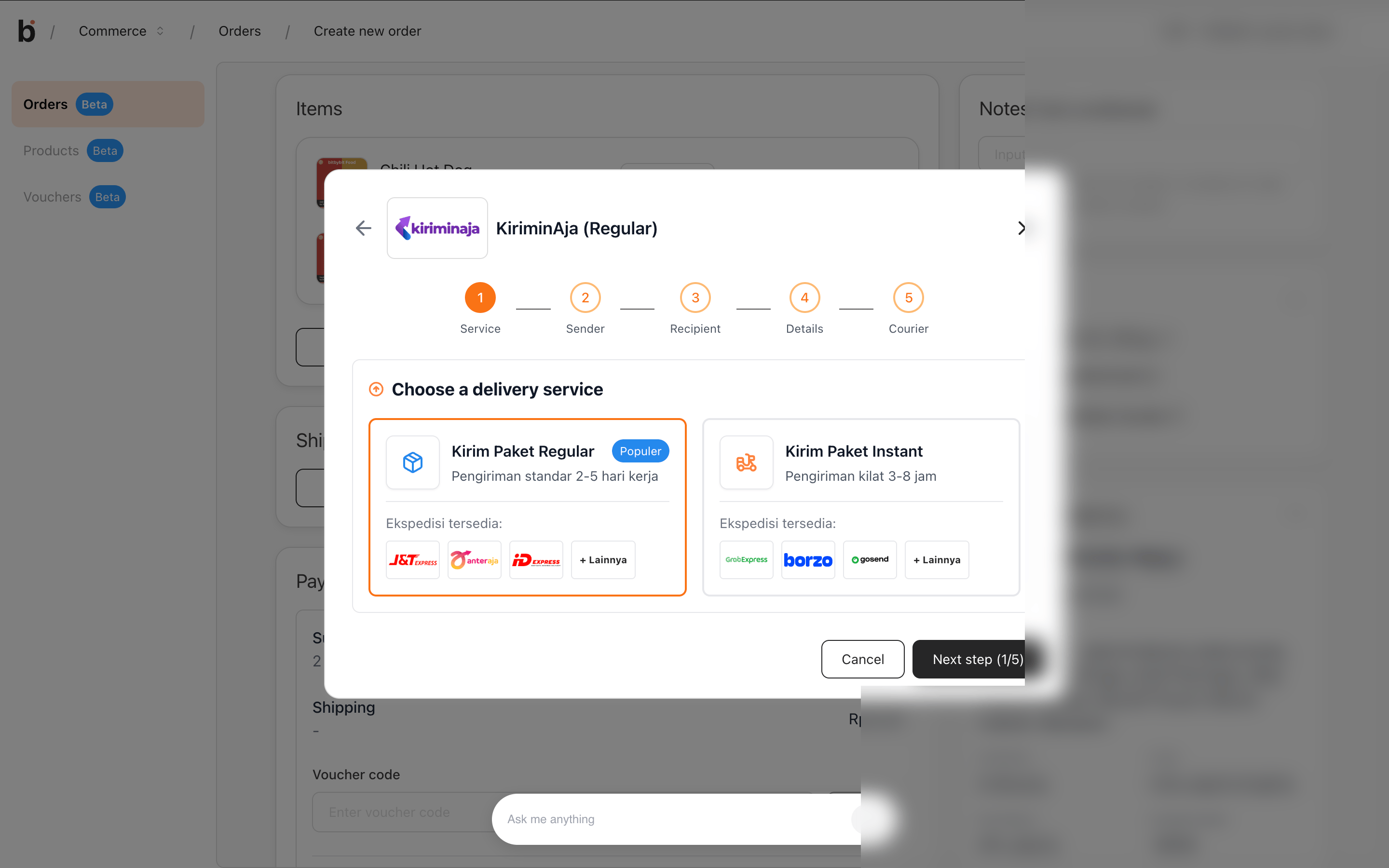 KiriminAja Regular Service step, Kirim Paket Regular selected