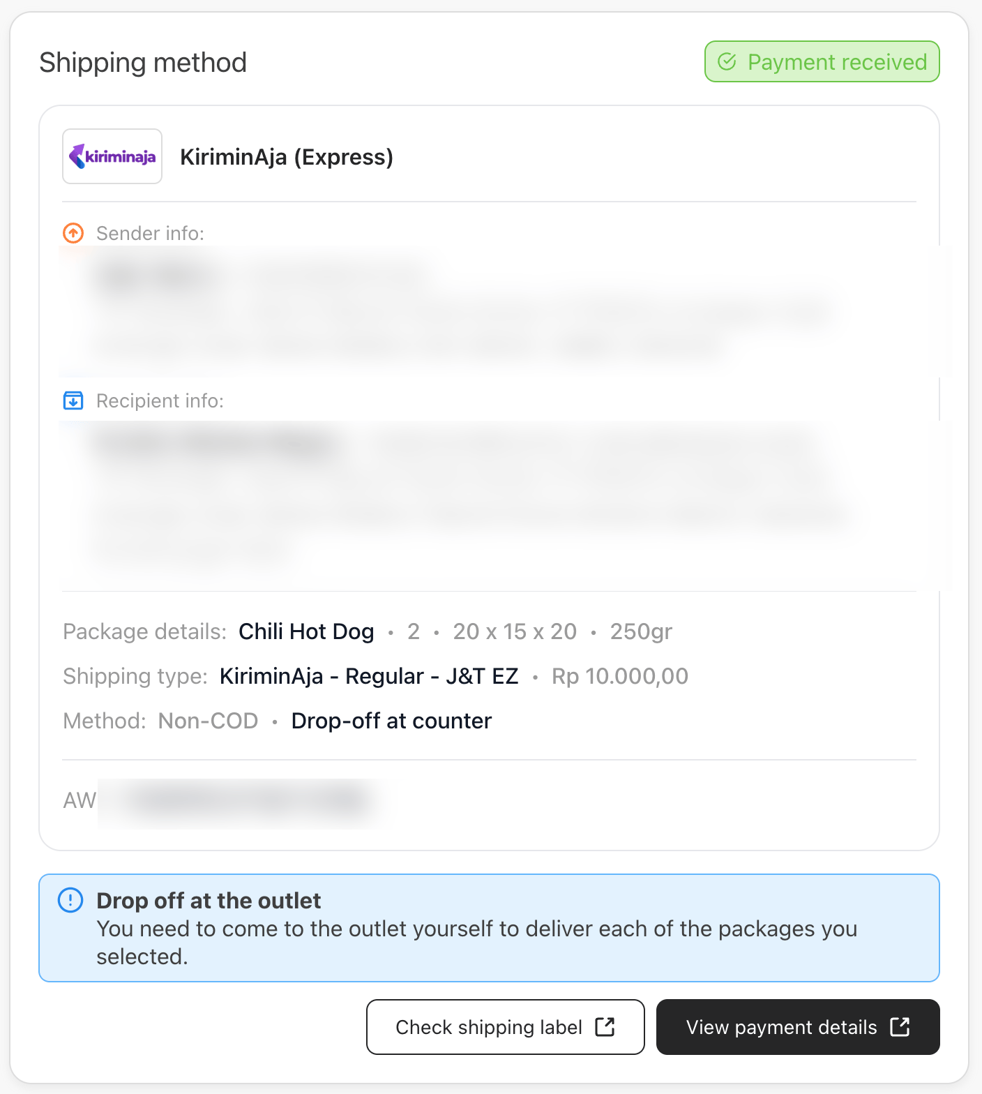 Order detail shipping method card marked Payment received, showing the AWB and shipping label