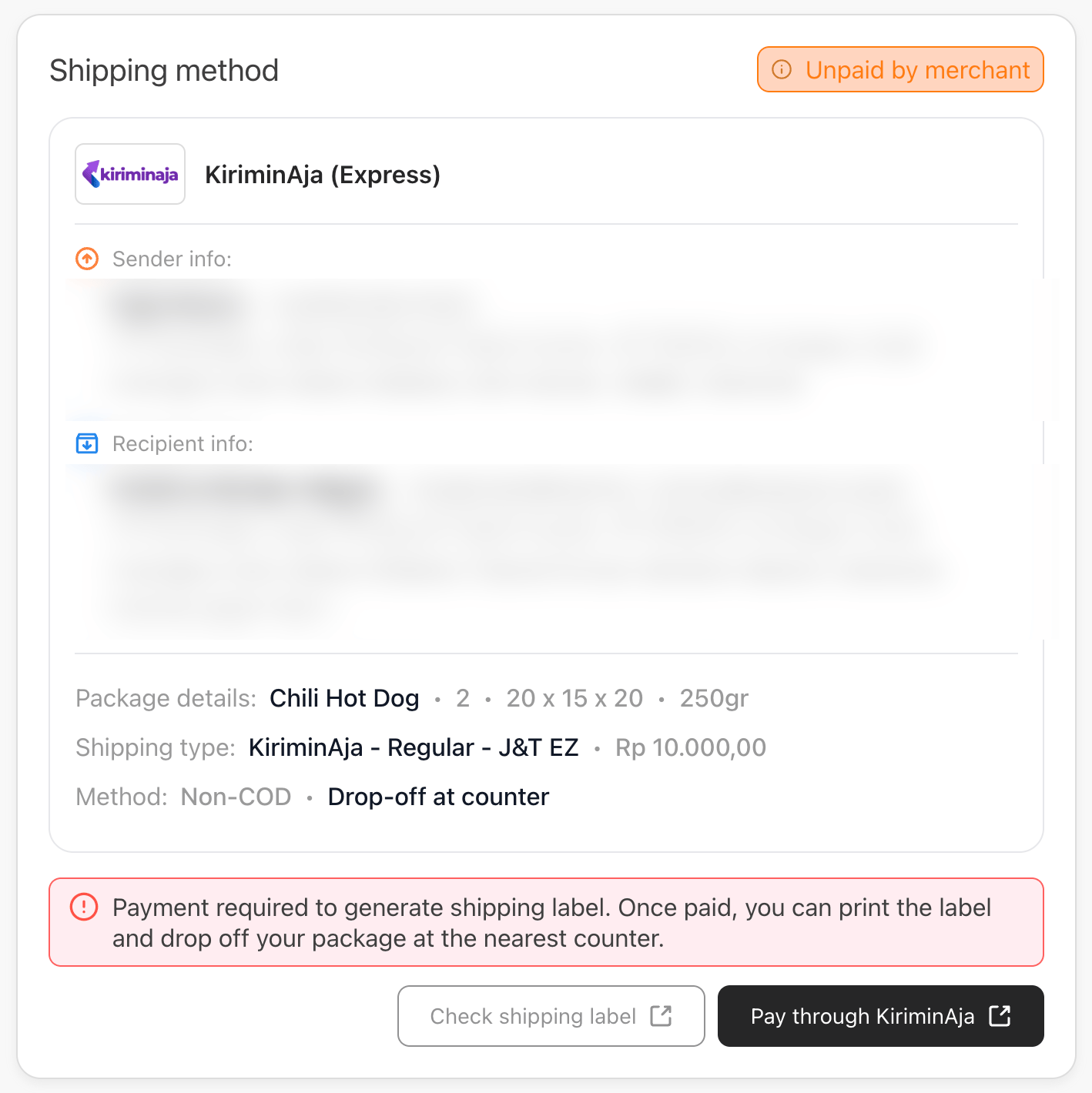 Order detail shipping method card marked Unpaid by merchant, with Pay through KiriminAja