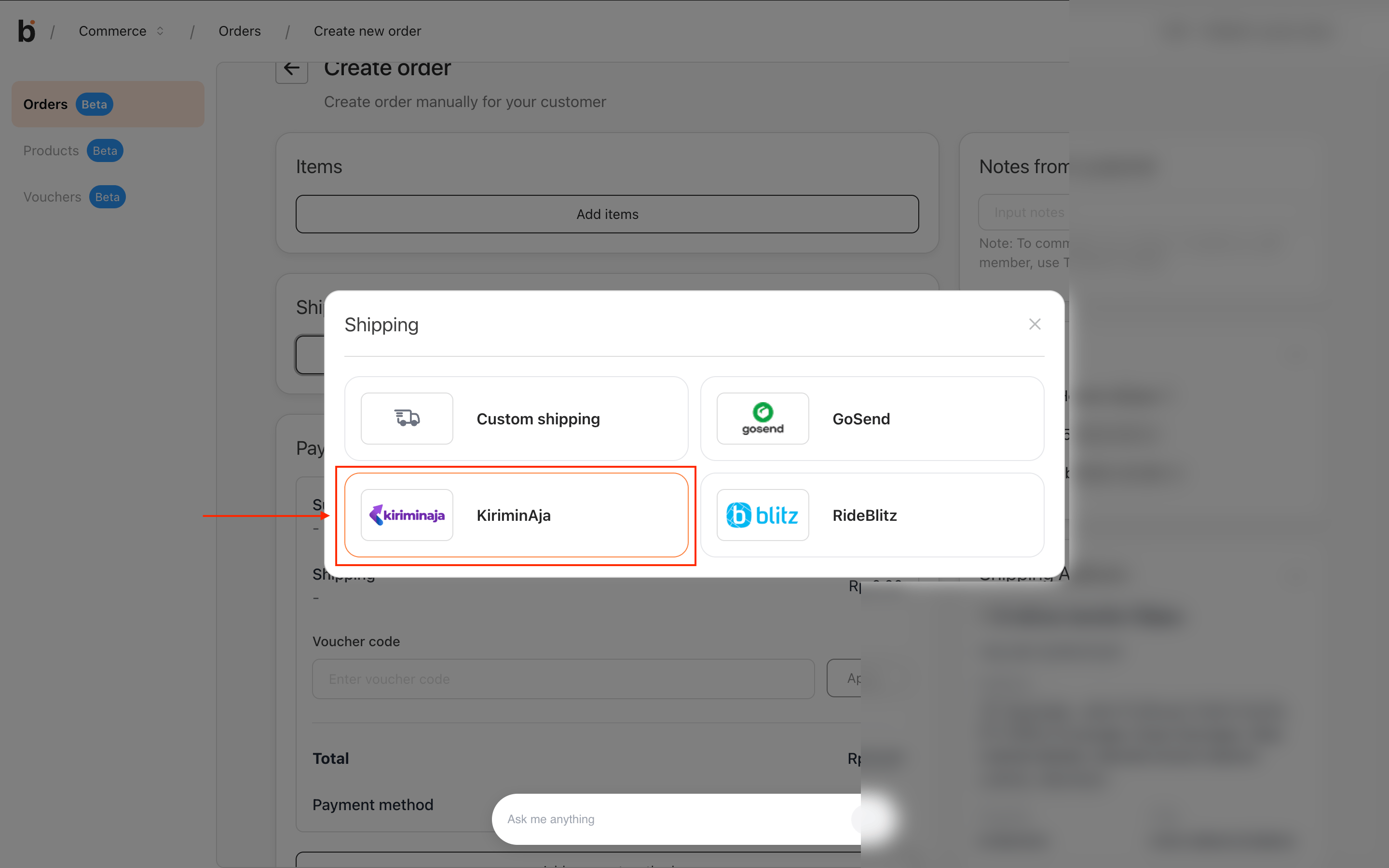Shipping picker in Create order showing Custom shipping, GoSend, KiriminAja, and RideBlitz