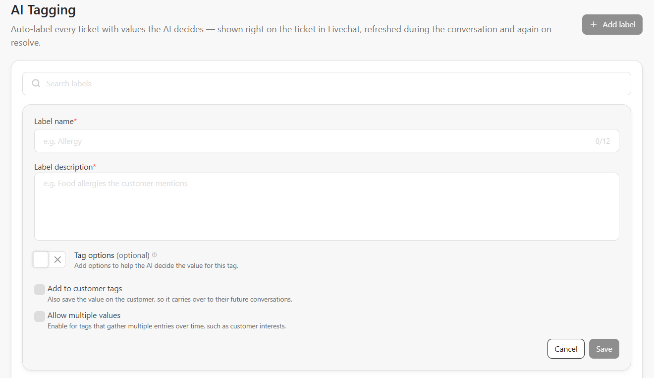 AI Tagging label form with Label name, Label description, the Tag options switch, and the Add to customer tags and Allow multiple values checkboxes