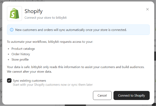 Connect your store to bitbybit panel, listing the data bitbybit will access with the Sync existing customers checkbox checked by default