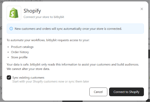 Connect your store to bitbybit panel, listing the data bitbybit will access with the Sync existing customers checkbox checked by default