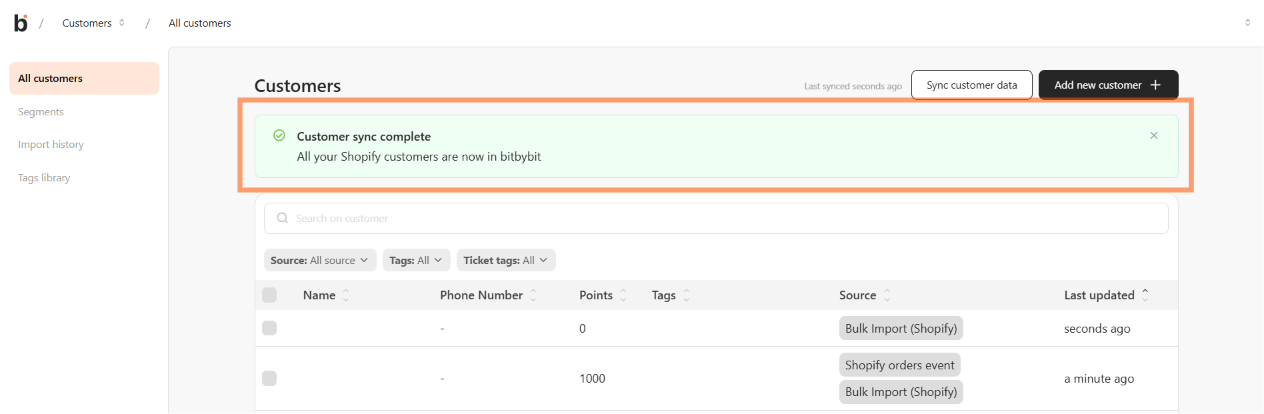 Customers page showing the "Customer sync complete" banner