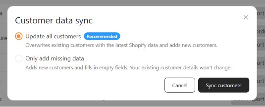 Customer data sync dialog with the Update all customers and Only add missing data options