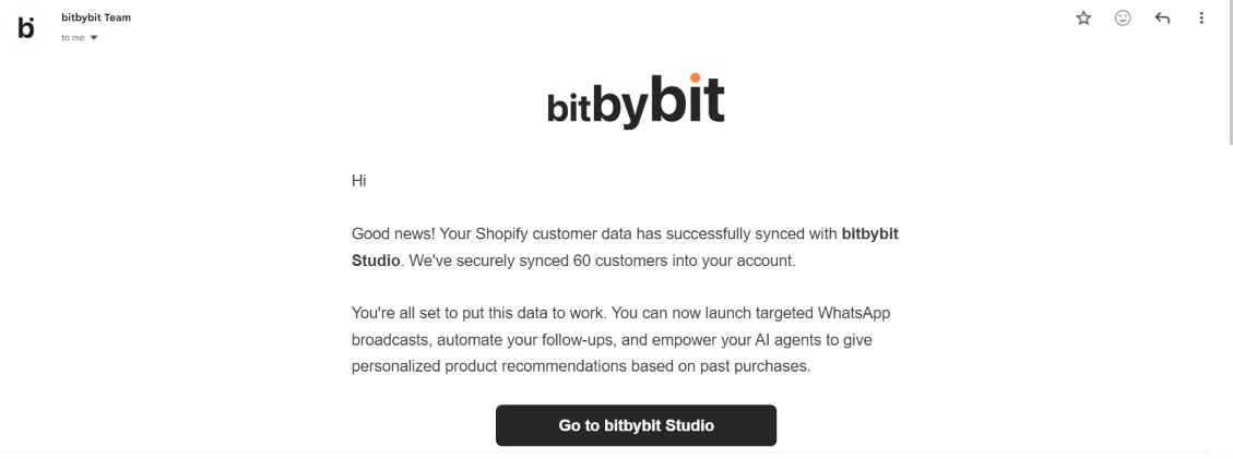 Completion email confirming the Shopify customer data has synced