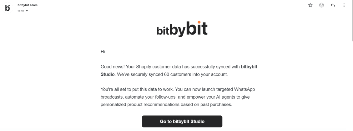 Completion email confirming the Shopify customer data has synced