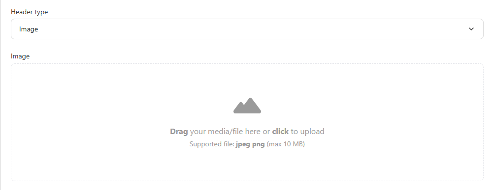 Header type set to Image with a drag-and-drop upload area showing "Supported file: jpeg png (max 10 MB)"