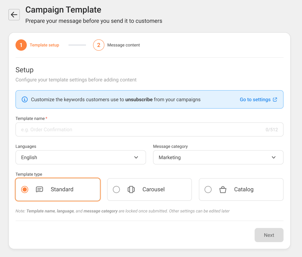 Template setup step showing the unsubscribe info panel, Template name, Languages, Message category, and Standard/Carousel/Catalog template type options with a disabled Next button