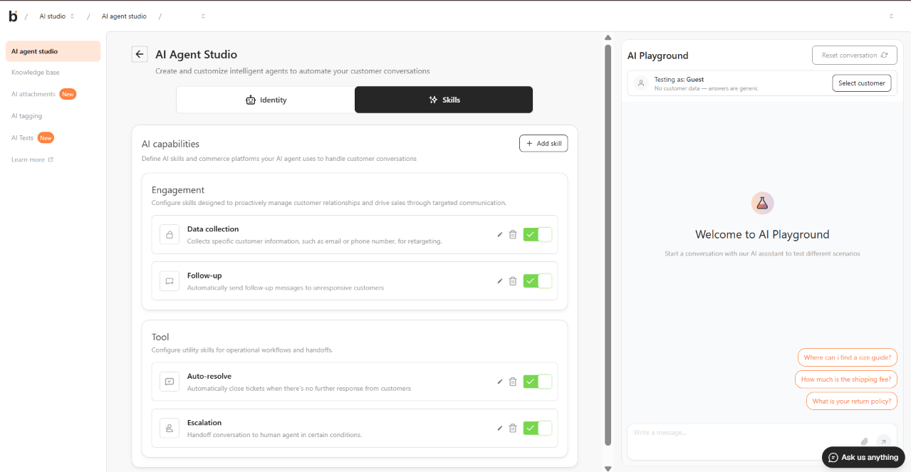AI Agent Studio Skills tab showing enabled Engagement and Tool skills beside AI Playground