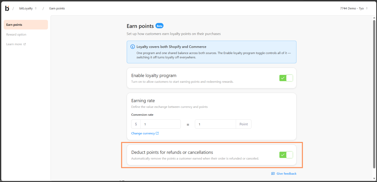Earn points page with the Deduct points for refunds or cancellations card below Earning rate, its toggle switched on.