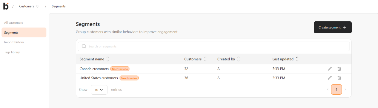Segments list showing generated segments with the Needs review badge and "AI" in the Created by column