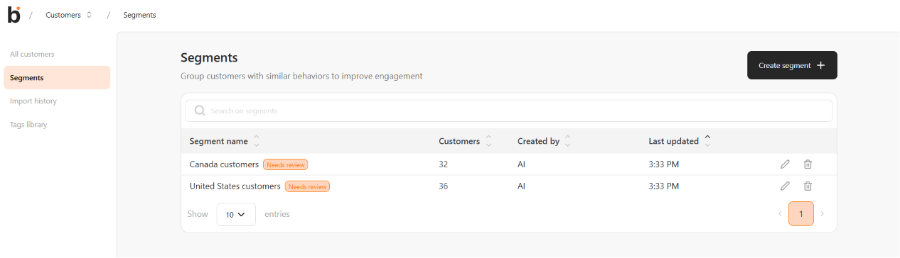 Segments list showing generated segments with the Needs review badge and "AI" in the Created by column
