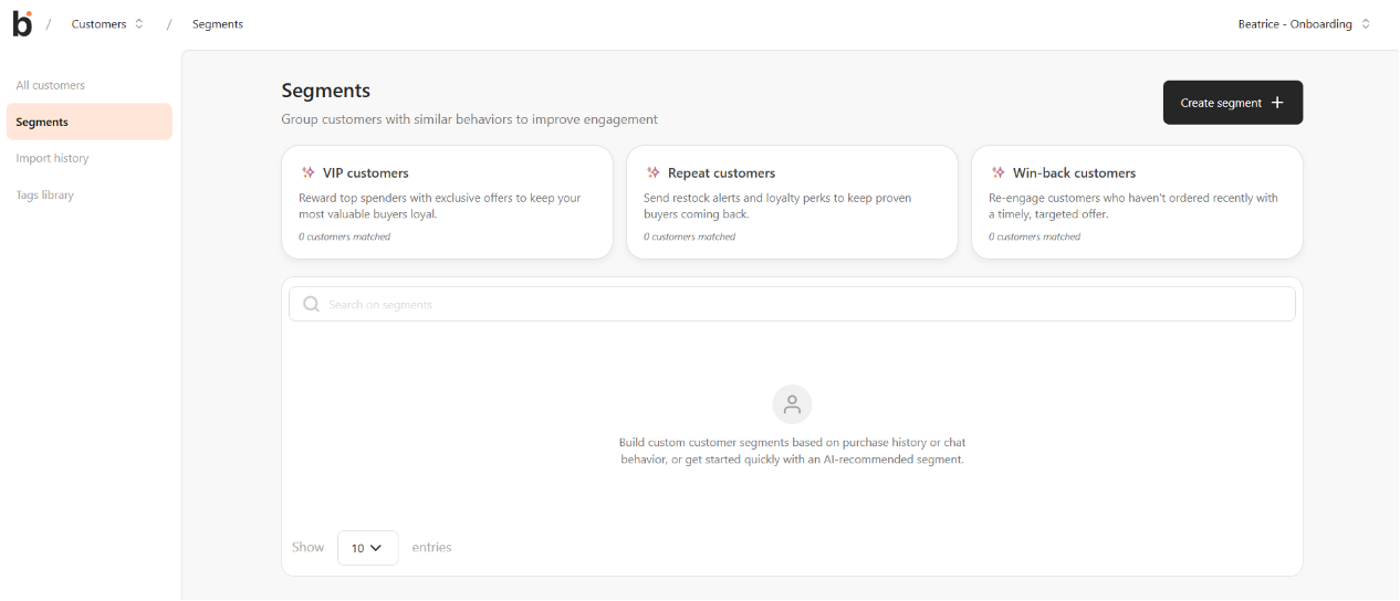 Segments list showing the three predefined templates — VIP customers, Repeat customers, Win-back customers — each marked with the AI-recommended sparkle icon