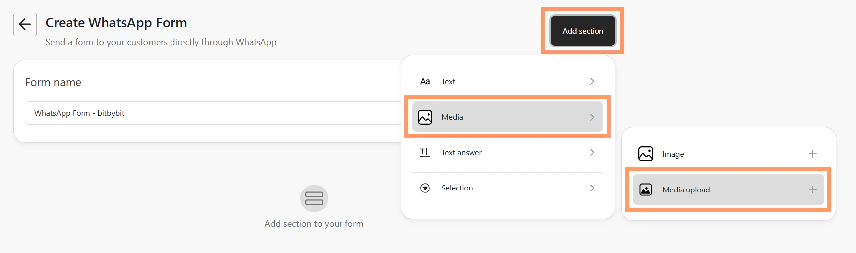 Form builder with the Add section panel open, Media upload option highlighted