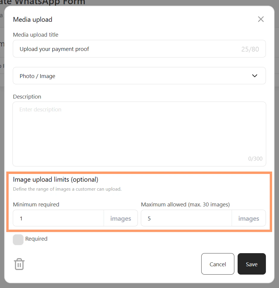 Media upload field configuration panel showing the title input, upload limits, and Save button