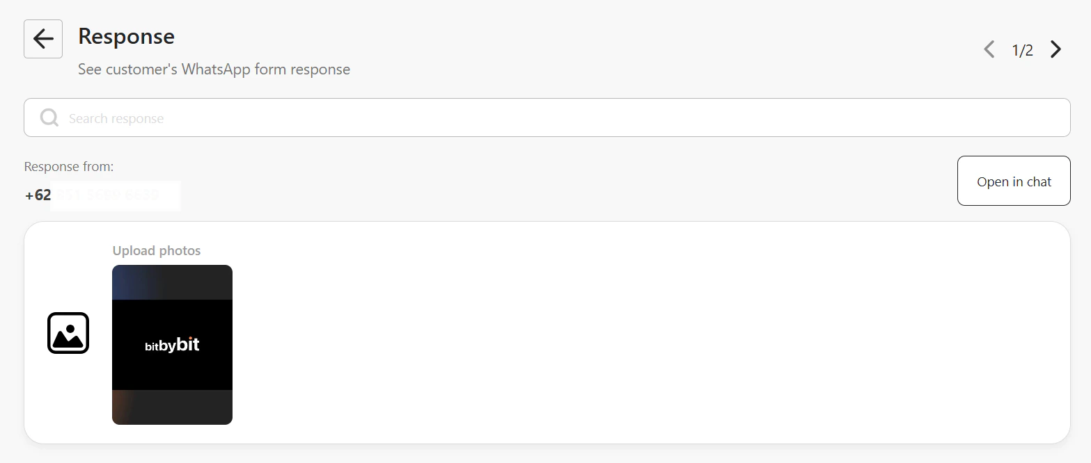 Response tab showing a customer's submitted image thumbnail in the media upload field