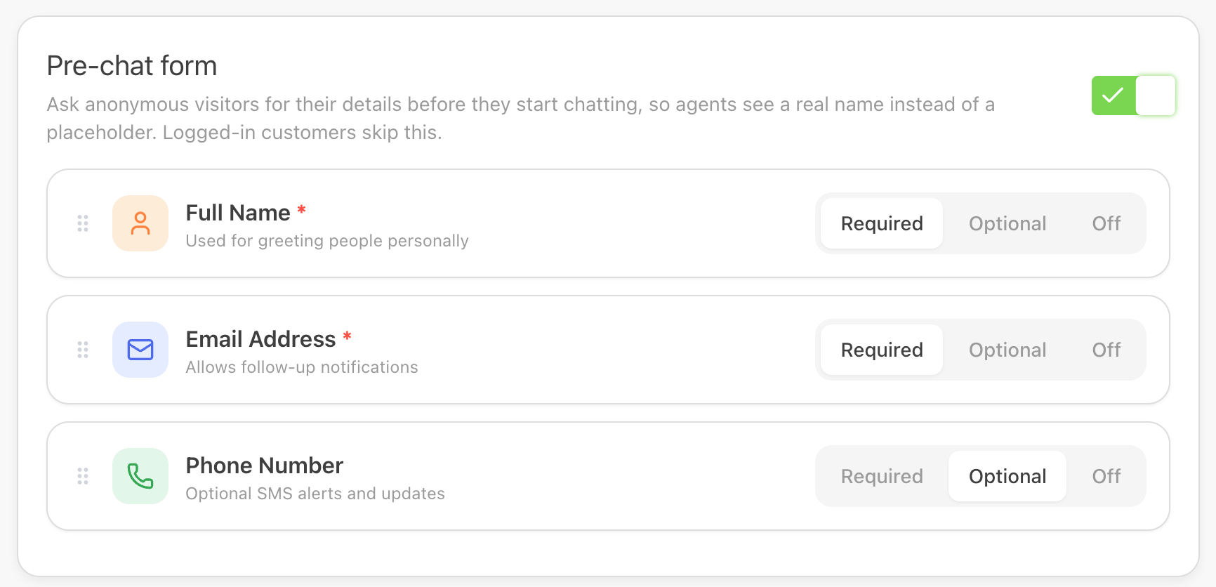 Pre-chat form card turned on, with Full Name and Email set to Required and Phone Number set to Optional
