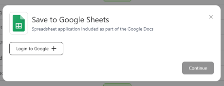 Save to Google Sheets dialog with the Login to Google button and Continue disabled