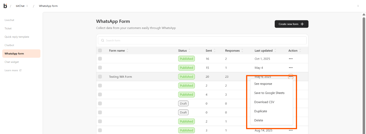 Published WhatsApp Form row menu with the Save to Google Sheets option