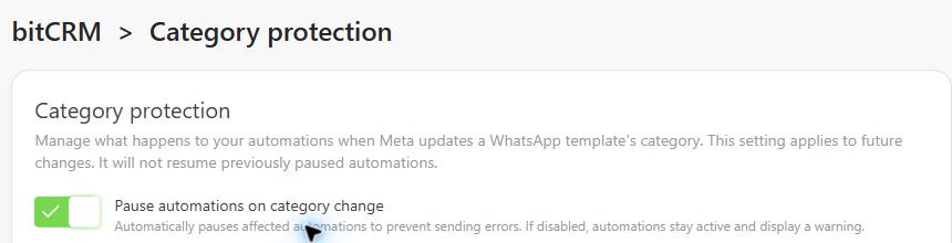 Category protection settings with Pause automations on category change enabled