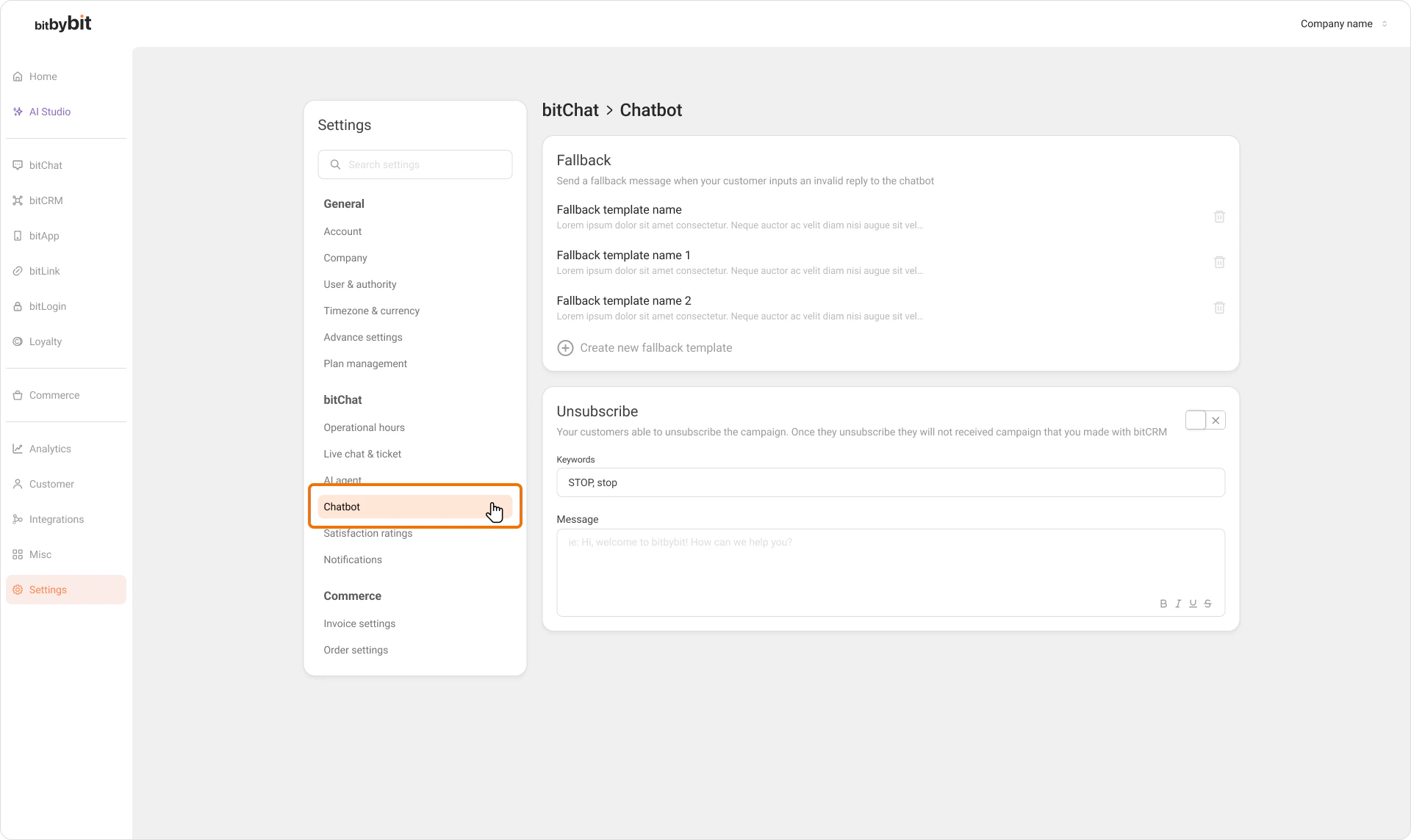 Settings page open, bitChat section visible with Chatbot selected