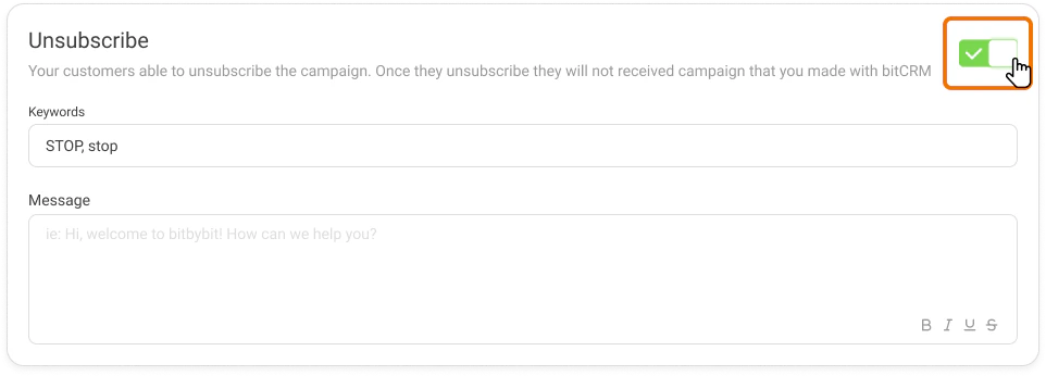 Unsubscribe section with the toggle switched on