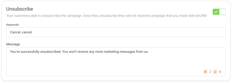 Message type selected and opt-out reply message filled in