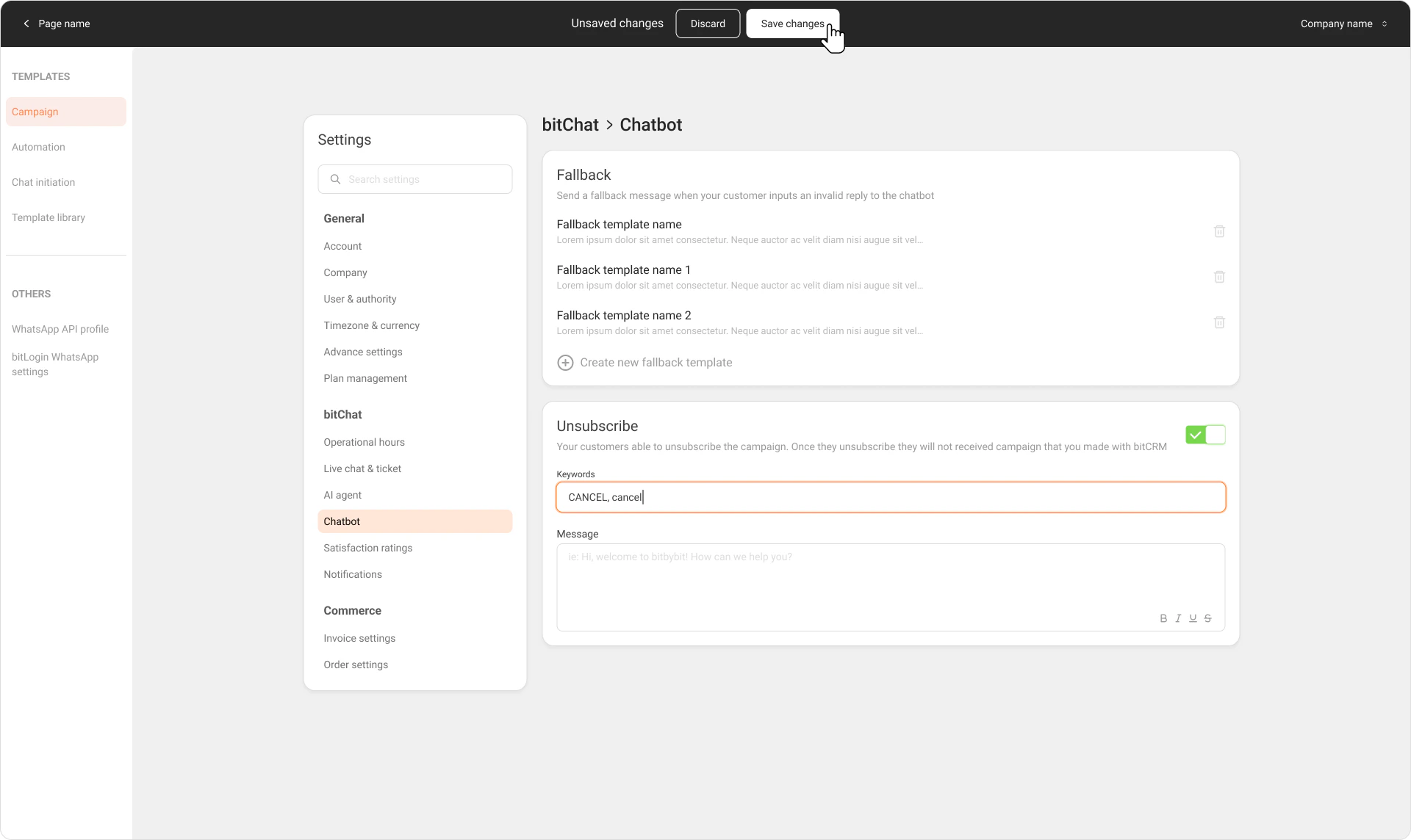 Save changes button with unsaved changes banner visible