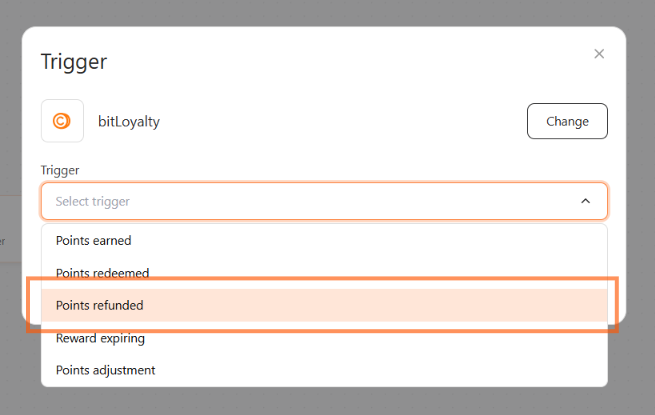 Trigger modal with bitLoyalty selected and the Points refunded option highlighted in the trigger list.