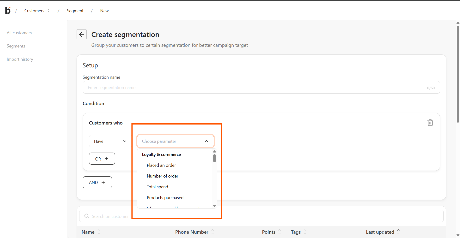 Parameter picker dropdown open, showing the Loyalty & commerce and Customer data group headers with parameters listed under each