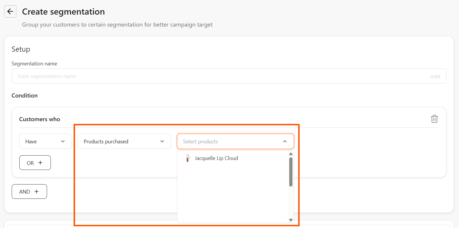 Products purchased search dropdown open, showing a matching product result with its thumbnail and name