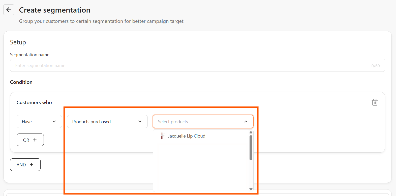 Products purchased search dropdown open, showing a matching product result with its thumbnail and name