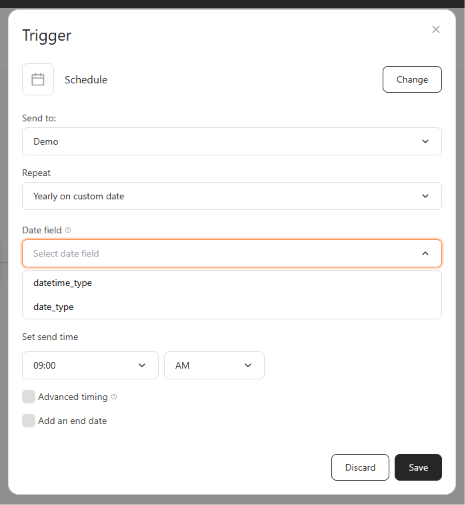 Schedule trigger panel with Repeat set to Yearly on custom date and the Date field picker open, showing the customer's date-type additional data fields.