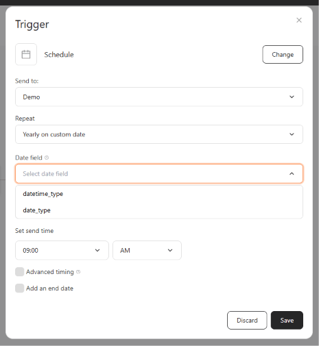Schedule trigger panel with Repeat set to Yearly on custom date and the Date field picker open, showing the customer's date-type additional data fields.