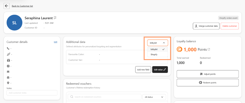 Customer profile with the Additional data card's source selector open, showing the bitbybit option checked and the Shopify option below it.