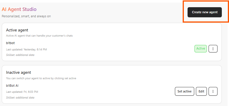 Screenshot: The AI Studio dashboard highlighting the Create new agent button