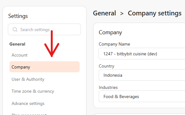 Company selected under General in the Settings menu