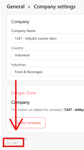Company ID displayed at the bottom of the Company settings page