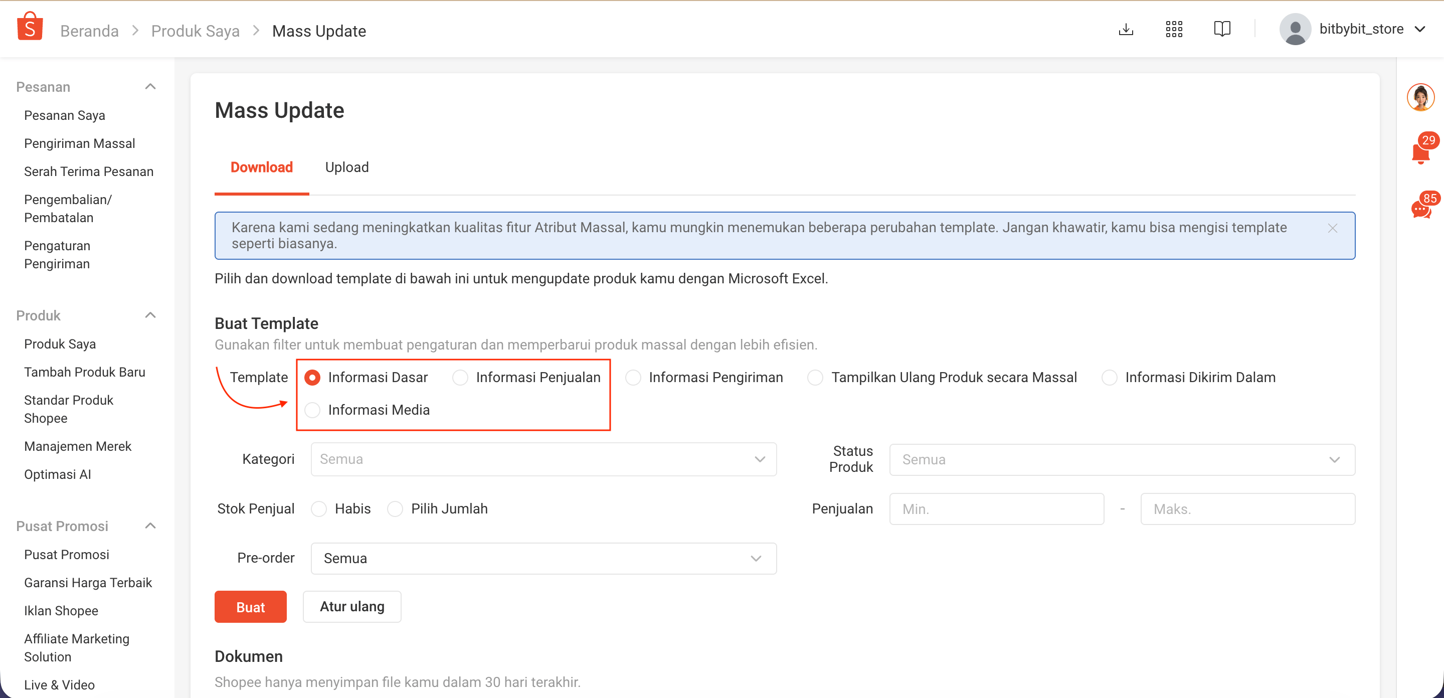 Shopee Mass Update page showing the template options: Informasi Dasar, Informasi Penjualan, and Informasi Media
