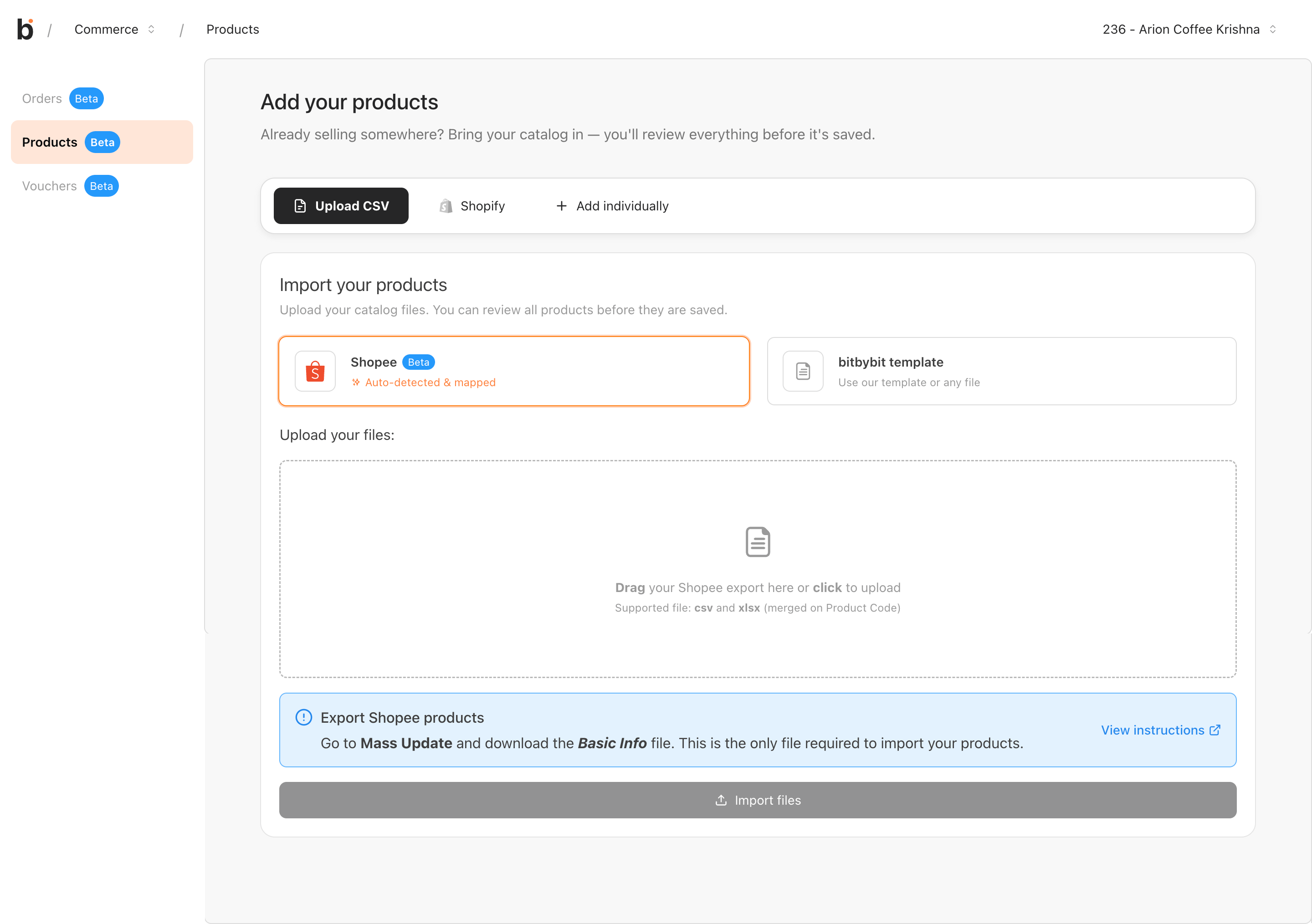 bitbybit Products empty state with the Shopee tile auto-selected and the upload dropzone visible