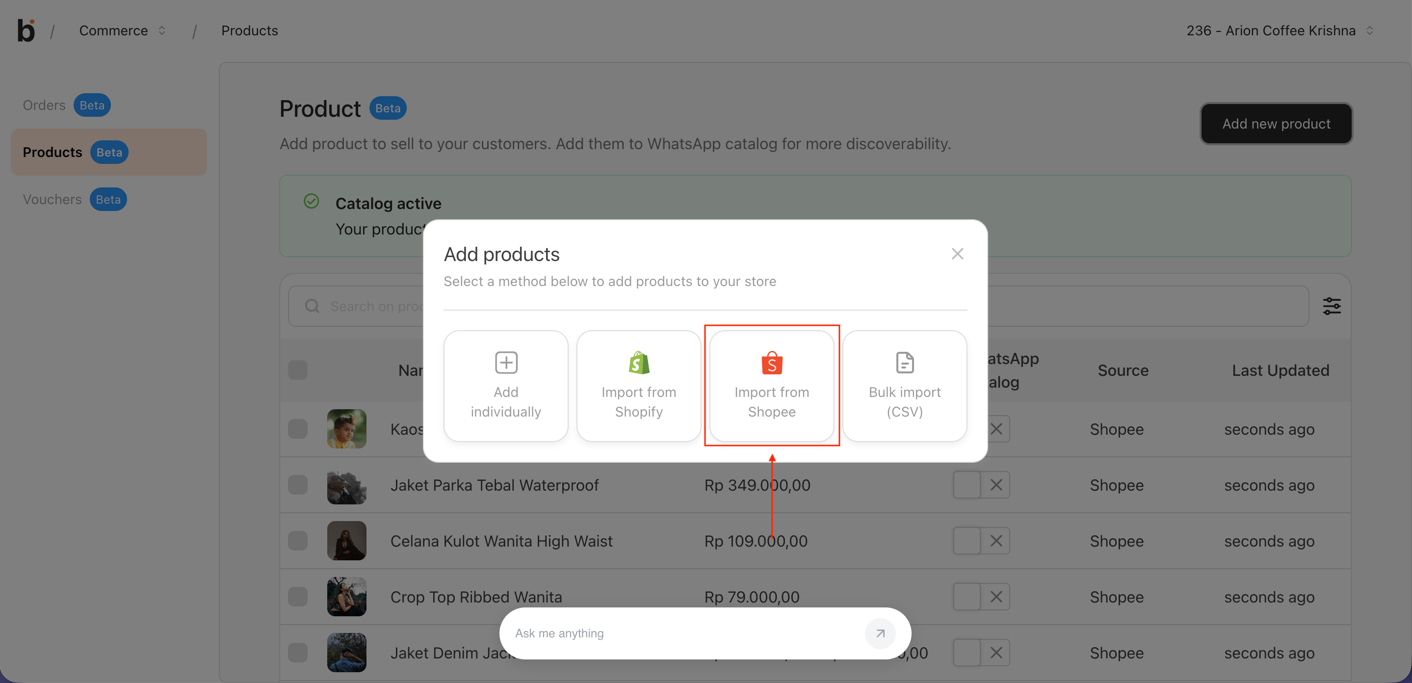 bitbybit Add products modal with four options and Import from Shopee highlighted