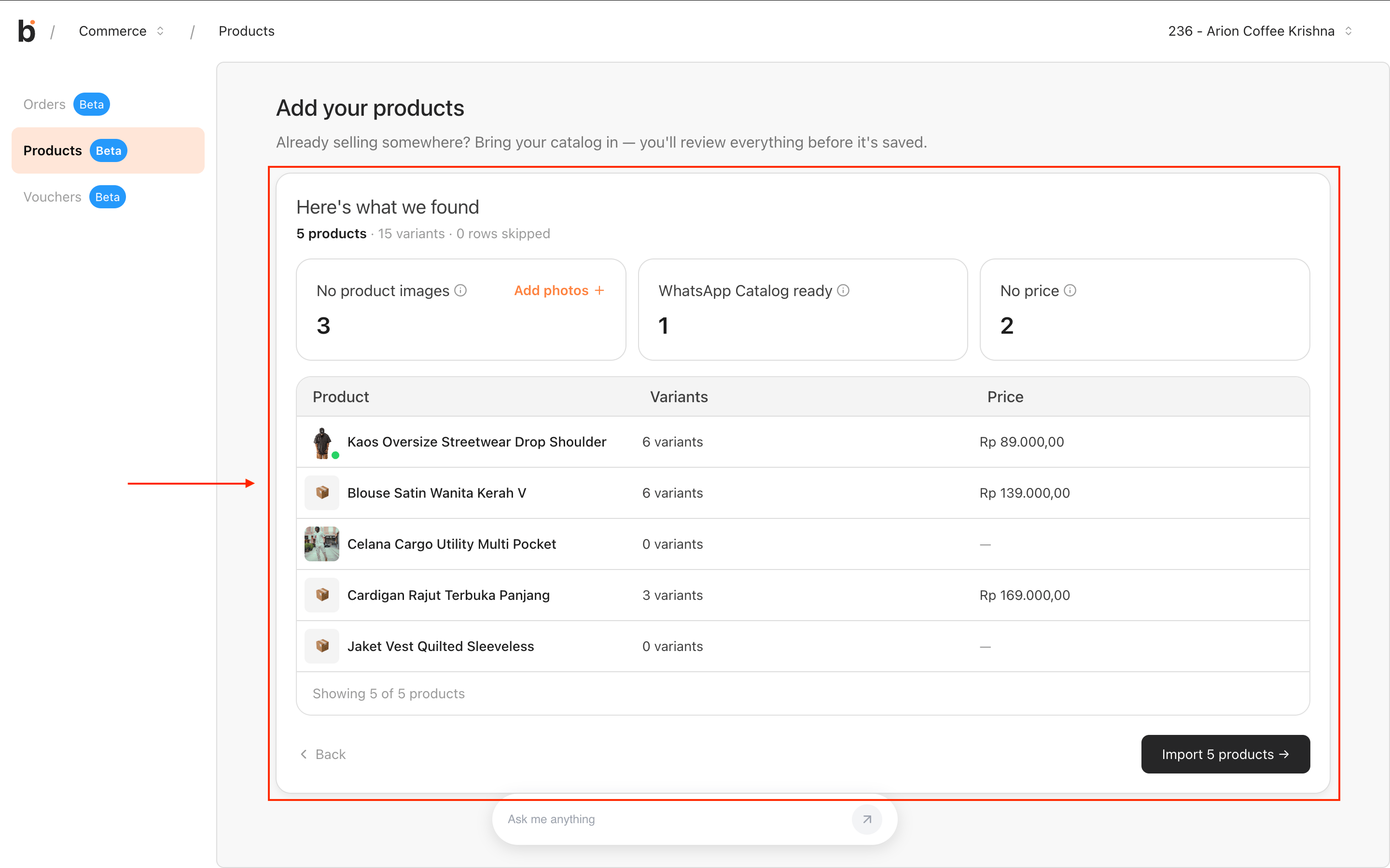 Preview step in bitbybit showing stat cards for total products, missing images, WhatsApp-ready, and missing prices, with the product list below