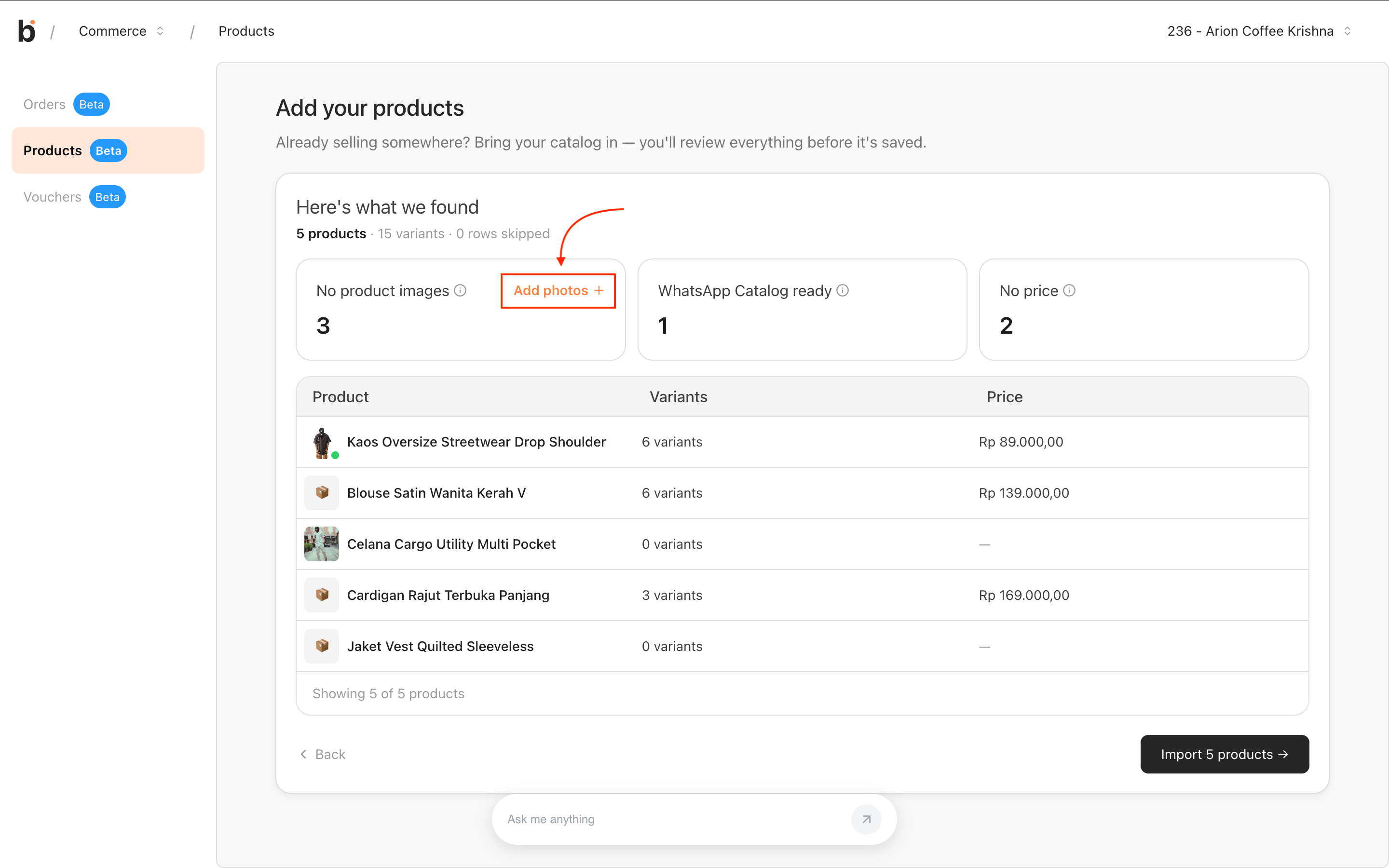 Preview step with the Add photos link on the No product images stat card highlighted