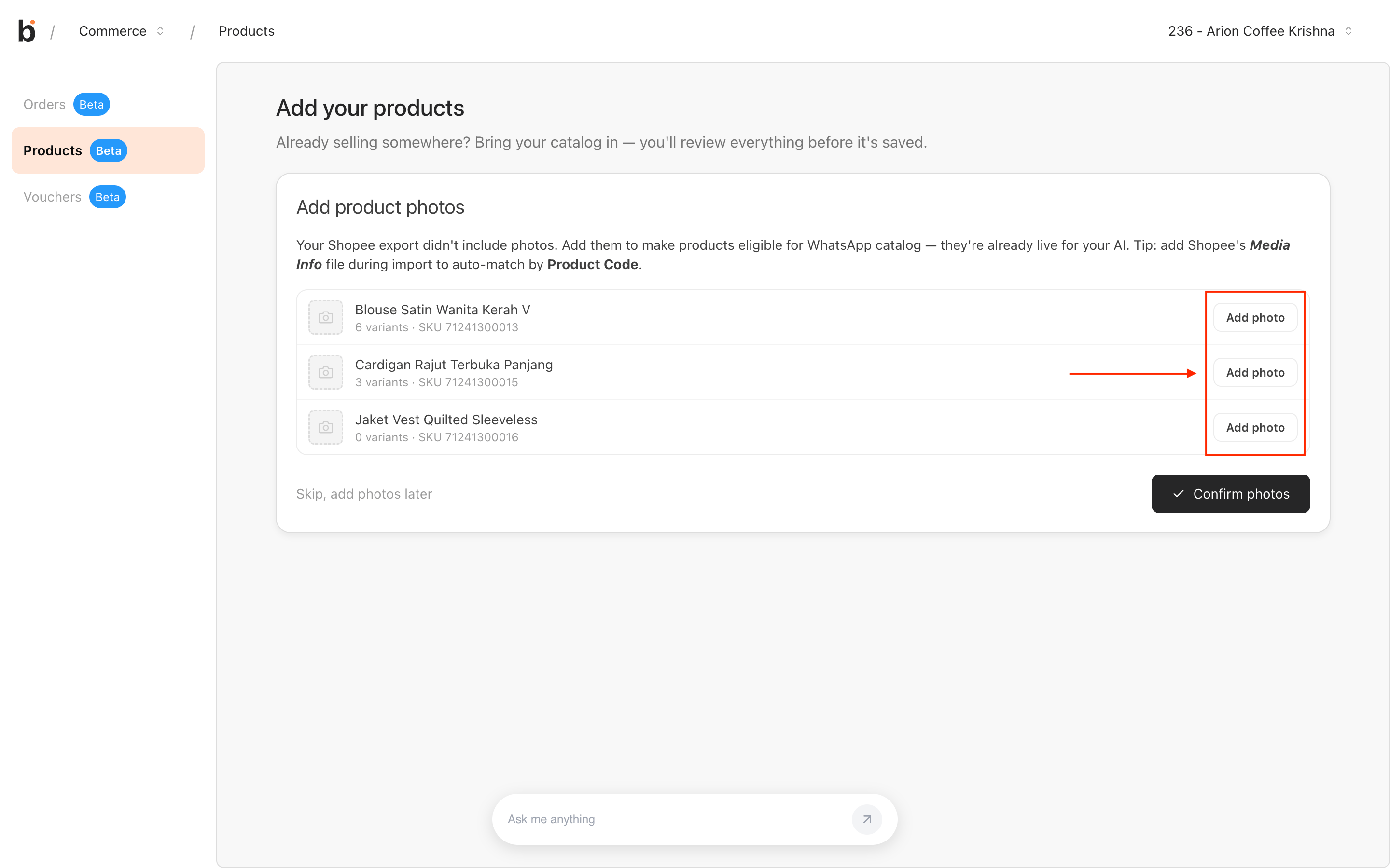 Photos step in bitbybit showing an Add photo action next to each product row