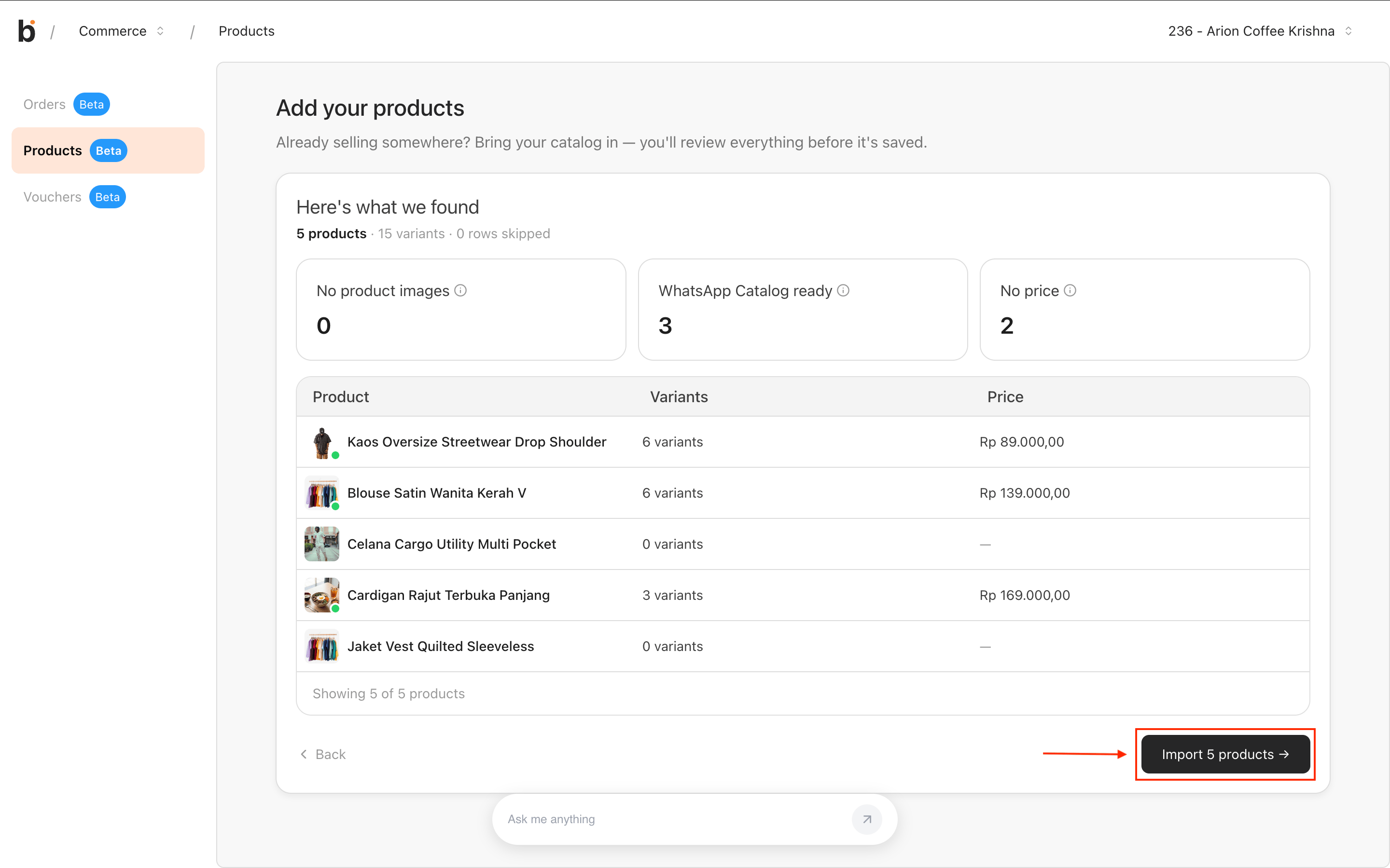 Preview step with the Import 5 products button in the bottom right highlighted