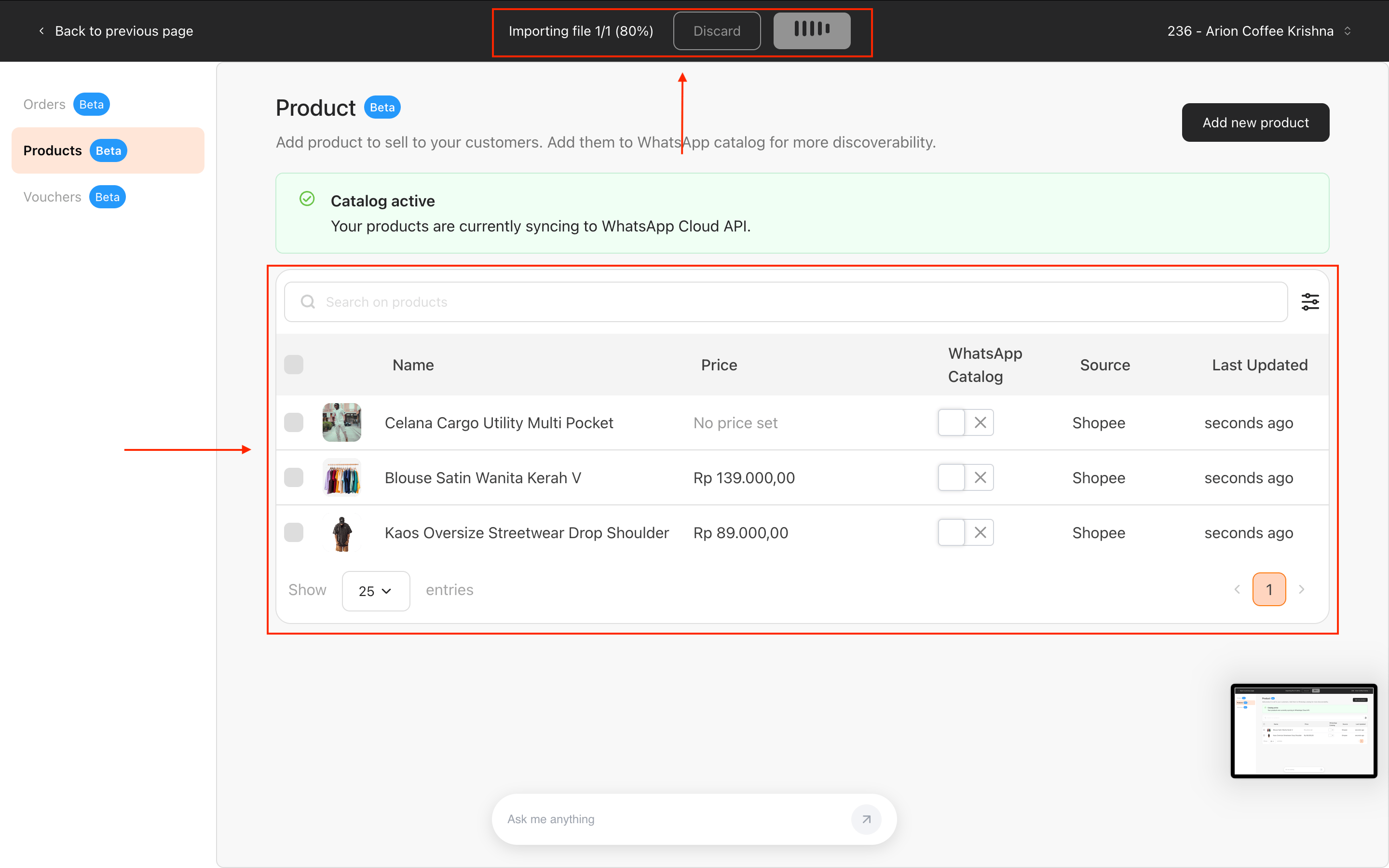 bitbybit Products page during import showing the Importing file progress bar at 80 percent and imported products appearing in the list with a Shopee source label