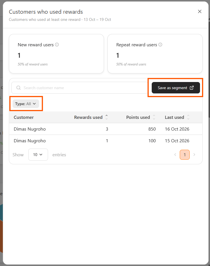 Customers who used rewards drawer with the Type filter and the Save as segment button highlighted.