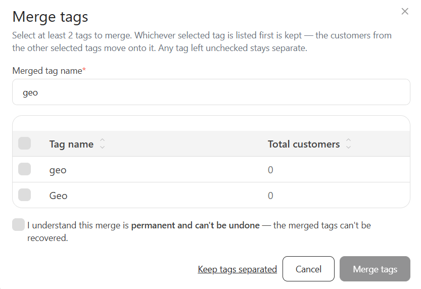 Merge tags dialog with a merged tag name field, a checkbox list of the group's variants, and a confirmation checkbox
