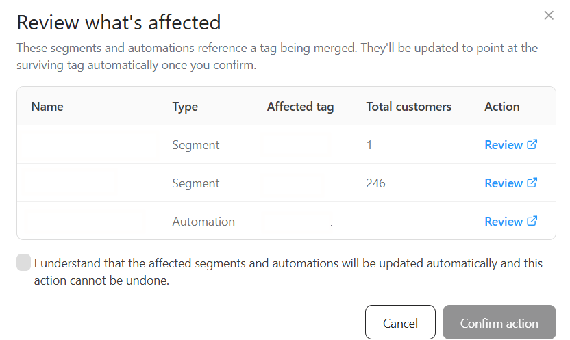 Review what's affected dialog listing the segments and automations that reference a tag being merged